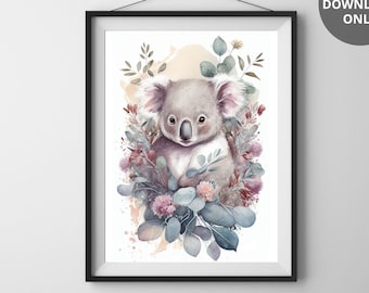 Baby Koala Watercolor Art Print: Spring Flowers (Digital Download)