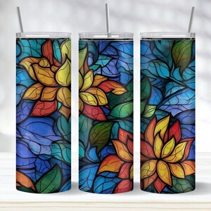Stained Glass Flower Seamless Tumbler Wrap PNG, Floral 20oz Skinny Tumbler Sublimation Design, Glass Design, Instant Download