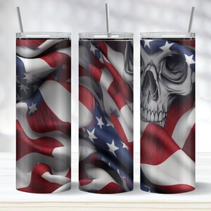 Skull and US Flag Seamless Tumbler Wrap PNG, Skulls 20oz Skinny Tumbler Sublimation Design, Instant Download