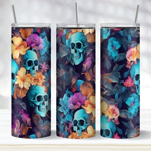 Flowers and Skulls Seamless Tumbler Wrap PNG, Skulls 20oz Skinny Tumbler Sublimation Design, Instant Download