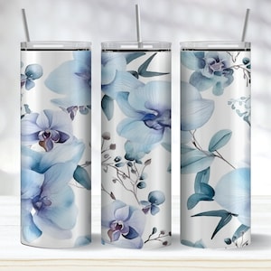Blue Orchid Seamless Tumbler Wrap PNG, Floral Orchid 20oz Skinny Tumbler Sublimation Design, Instant Download