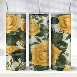 Yellow Roses Seamless Tumbler Wrap PNG, Floral 20 oz Skinny Tumbler Sublimation Design, Floral Wrap, Instant Download