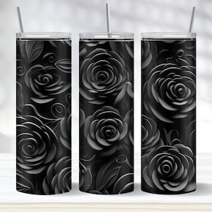 Black Seamless Roses Tumbler Wrap PNG, 3D Black Roses 20 oz Skinny Tumbler Sublimation Design, Black Roses Art, Instant Download