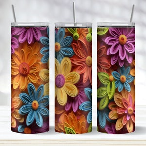 Colorful Seamless 3D Flower Tumbler Wrap PNG, Floral 20 oz Skinny Tumbler Sublimation Design, Paper Color Flowers, Instant Download