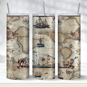 Antique World Map Seamless Tumbler Wrap PNG, Travel Map 20oz Skinny Tumbler Sublimation Design, Antique World Map Art, Instant Download