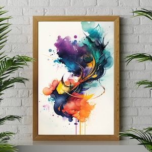 Abstract 005 Watercolor Painting Print, Modern Art Wall Decor Orange Purple Blue, Contemporary Abstract Painting