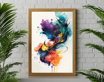 Abstract 005 Watercolor Painting Print, Modern Art Wall Decor Orange Purple Blue, Contemporary Abstract Painting