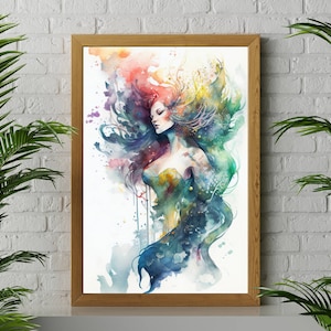 Zeemeermin aquarel schilderij print, Ocean Art Wall Decor, Coastal Art Print, zeemeerminnen kunst voor strandhuis, zeemeermin voor kinderkamer of kinderkamer