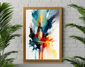 Abstract 004 Watercolor Painting Print, Modern Art Wall Decor Orange Blue, Contemporary Abstract Painting