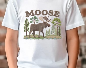 T-shirt met geborduurde look jeugd-eland, camping-T-shirt met wilde dieren