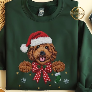 プリントクリスマス落書き犬スウェットシャツ、プリント刺繍風お祭りサンタ帽子子犬とリボン、カスタマイズ可能なギフト