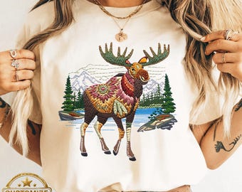 Comfort Colors Moose T-Shirt: Printed Embroidered Look Wild Animal Tee