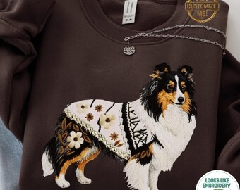 Sudadera estampada con diseño de perro pastor de Shetland, suéter con estampado de Collie Sheltie con aspecto de bordado.