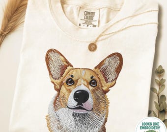 Comfort Colors Corgi Shirt, Printed Embroidered Look,  Corgi Mom Shirt, Dog Mom Tshirt, Dog Lover Gift, Corgi Lover Tee