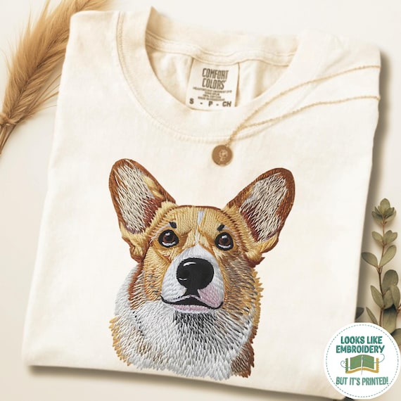 Comfort Colors Corgi Shirt, Printed Embroidered Look,  Corgi Mom Shirt, Dog Mom Tshirt, Dog Lover Gift, Corgi Lover Tee