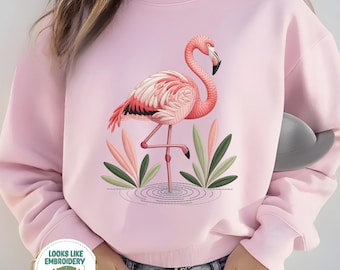 Flamingo Sweatshirt: Printed Embroidered-Look Bird Pullover