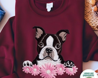 Boston Terrier Printed Sweatshirt, Printed Embroidered Look Memorial Sweater
