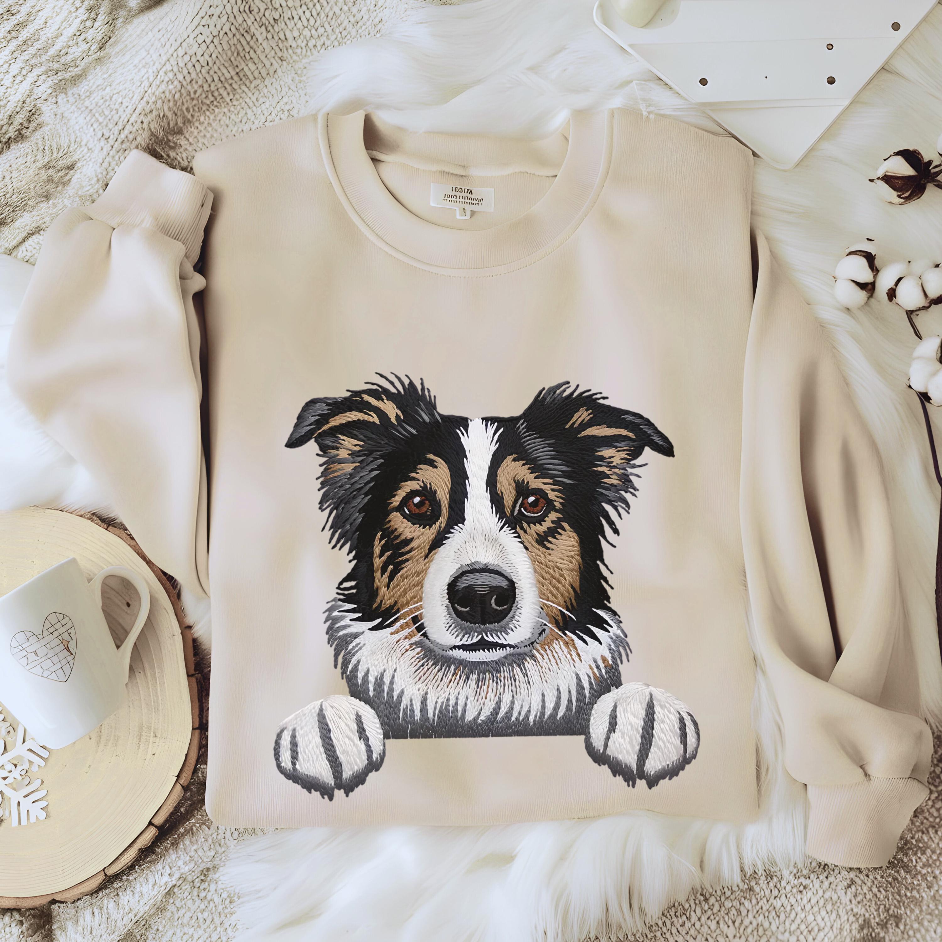 Border Collie Sweatshirt, Printed Embroidery Look Sheep Dog 