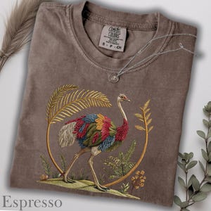 Comfort Colors Boho Ostrich TShirt, Botanical Art Vintage Bird Tee, Printed Embroidered Look Exotic African Bird Tee Gift, Safari Shirt