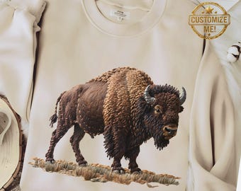 Bison Sweatshirt: Boho Buffalo Printed Embroidery Look Vintage Buffalo Shirt