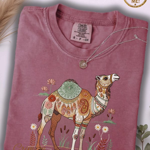 Comfort Colors Camel Tee: Boho Printed Embroidery Look Animal Shirt