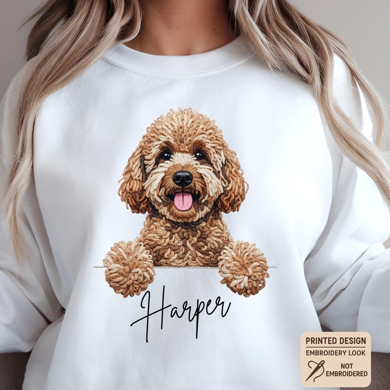 Custom Printed Doodle Dog Sweatshirt, Printed Embroidery Look Labradoodle Cockapoo GoldenDoodle Sweater image 9