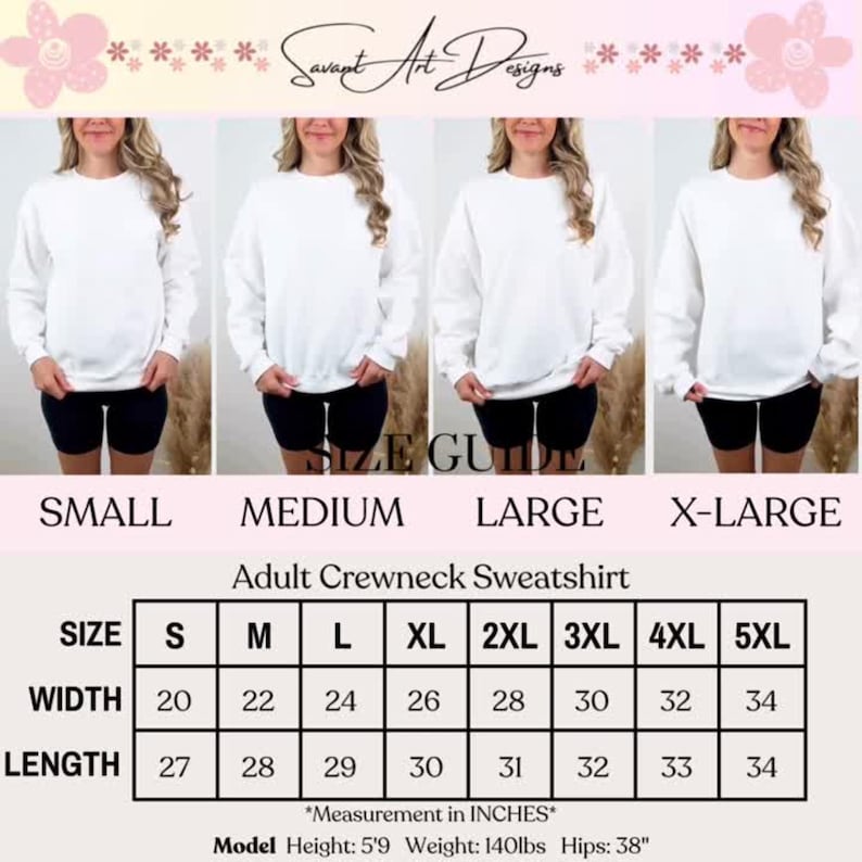May include: White adult crewneck sweatshirt size guide with measurements in inches. The guide shows sizes from small to 5XL, with width measurements from 20 to 34 inches and length measurements from 27 to 34 inches.