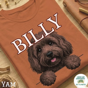 Könnte beinhalten: Ein rostfarbenes T-Shirt mit einer Grafik eines braunen, lockigen Hundes, dessen Pfoten auf einer horizontalen Linie ruhen. Der Name BILLY ist in großen weißen Großbuchstaben über dem Hund gedruckt. Ein kleines kreisförmiges Logo trägt die Aufschrift LOOKS LIKE EMBROIDERY BUT IT'S PRINTED.