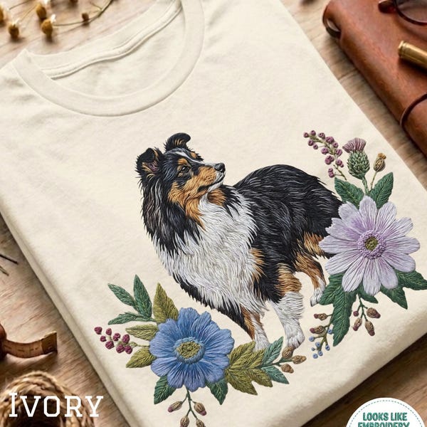 Comfort Colors Shetland Sheepdog T-Shirt, Sheltie Printed Embroidery Look Dog Mom Gift