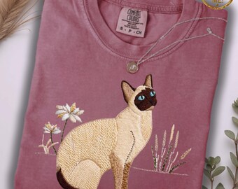 コンフォートカラーのシャムシャツ、プリント刺繍スタイルの猫Tシャツ