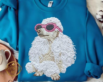 Felpa stampata con barboncino boho. Maglione con occhiali da sole rosa effetto ricamo stampato.