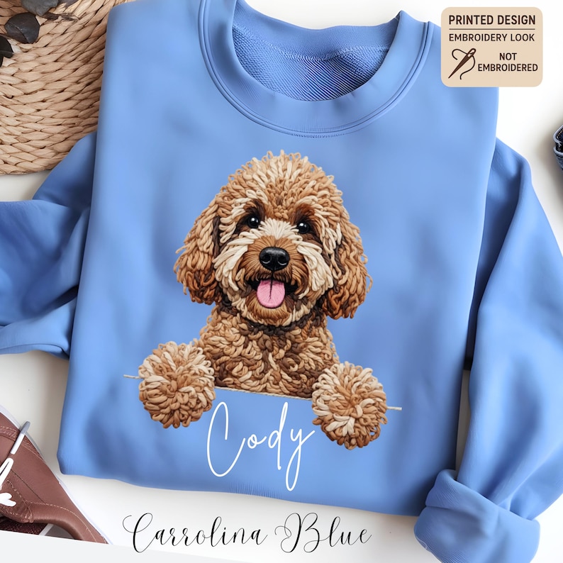 Custom Printed Doodle Dog Sweatshirt, Printed Embroidery Look Labradoodle Cockapoo GoldenDoodle Sweater image 2