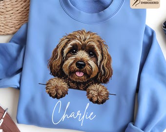 Custom Printed Doodle Dog Sweatshirt, Printed Embroidery Look Labradoodle Cockapoo GoldenDoodle Sweater