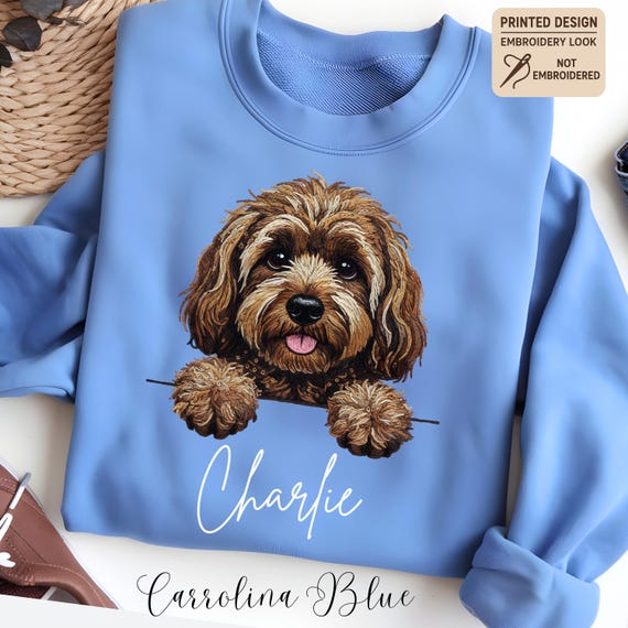 Custom Printed Doodle Dog Sweatshirt, Printed Embroidery Look Labradoodle Cockapoo GoldenDoodle Sweater