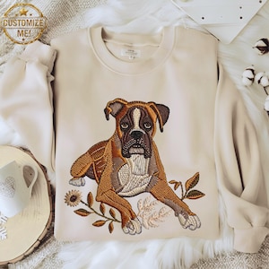 Boxer Dog Mom Printed Sweatshirt: Printed Embroidered Look Pet Portrait Sweater