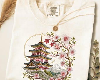 Comfort Colors Japanese Pagoda Shirt Cherry Blossom Mt Fuji Art Tee, Japanese Traditional Art Shirt