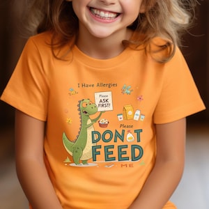Camiseta infantil con alergia a los alimentos a los dinosaurios para niños con alergias. Camiseta de no alimentar. Camiseta de concienciación sobre las alergias para niños. Camiseta de sensibilidad alimentaria