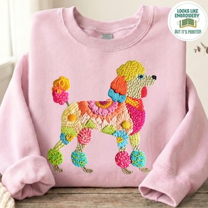 Poodle Printed Faux Embroidery Sweatshirt, Vintage Style Pet Lover Gift, Groovy Embroidered Look Pullover, Retro Floral Dog Top
