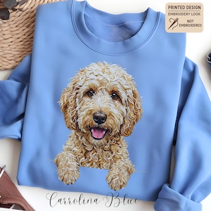 Peut inclure: Sweat-shirt bleu clair avec un dessin de chien golden doodle. Le chien a un pelage bouclé et brun clair et sourit. Le texte "Carolina Blue" est écrit en cursive en bas. Le coin supérieur droit indique "Printed Design Embroidery Look Not Embroidered".