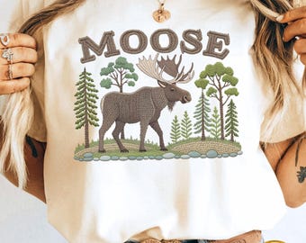 Comfort Colors Moose Tshirt, Printed Embroidered Look Wild Animal Shirt