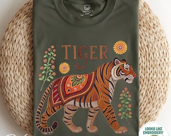 Comfort Colors Tiger Boho Tee | Printed Embroidered Look Tshirt for women | Gift for Her