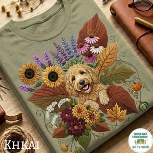 May include: Olive green t-shirt featuring an embroidered design of a golden doodle dog surrounded by sunflowers, lavender, and fall leaves. The text "KHKAI" is at the bottom left. The design includes the text "LOOKS LIKE EMBROIDERY BUT IT'S PRINTED!"