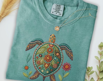 Comfort Colors Printed Turtle Ocean T Shirt, Boho Beach Printed Embroidered Look Shirt