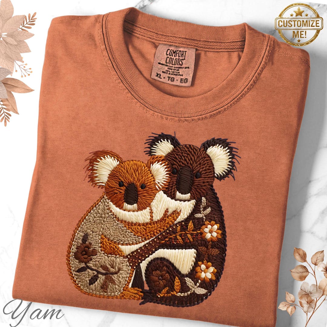 Comfort Colors コアラ Tシャツ：プリント刺繍入りボヘミアン風