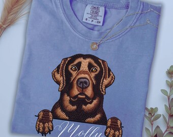 Custom Comfort Colors Chocolate Labrador Shirt, Printed Embroidered Look Lab Dog Mom Shirt