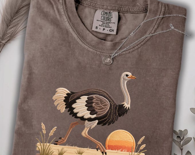 Comfort Colors Ostrich T-Shirt: Printed Embroidery Look Vintage Botanical Bird Art
