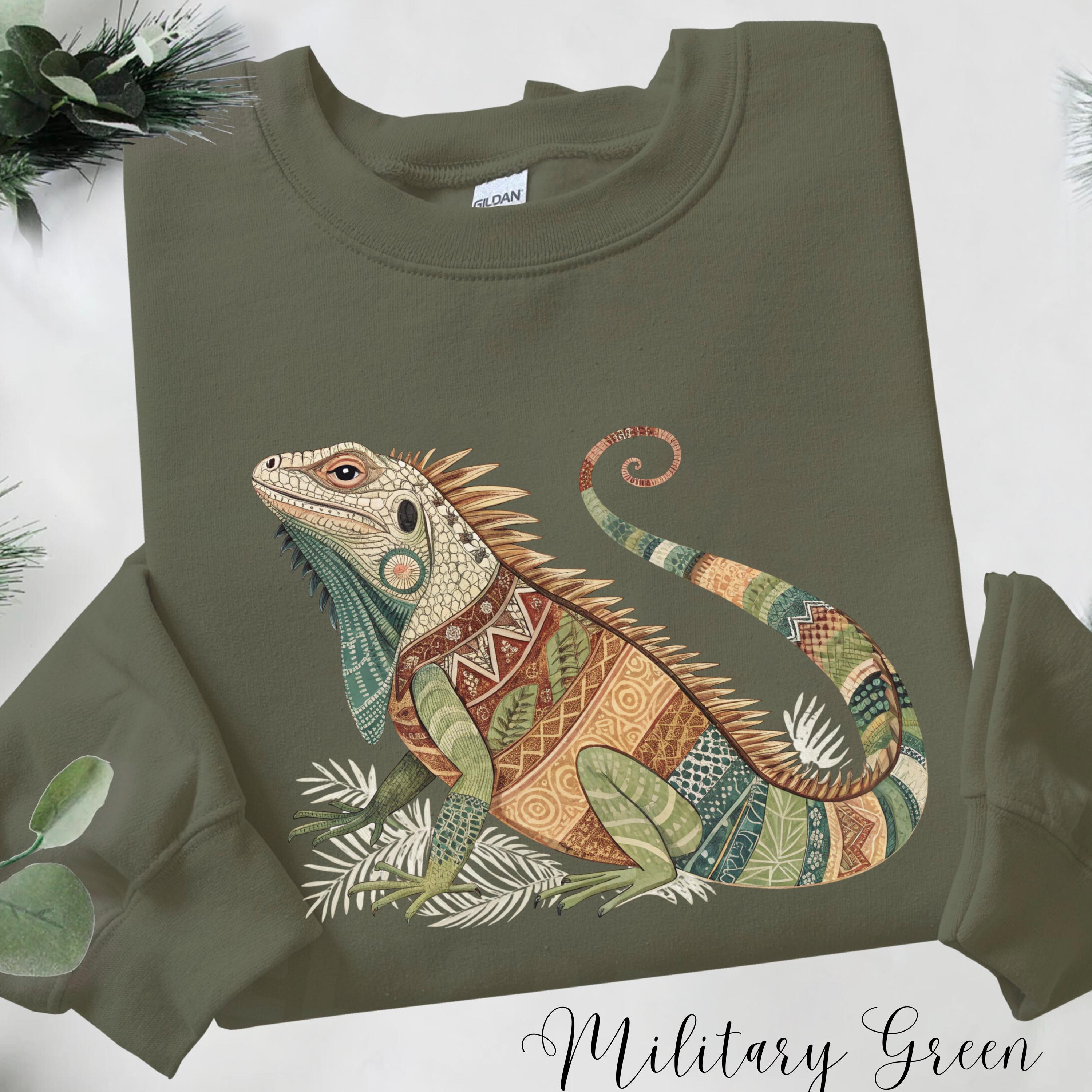Iguana Sweatshirt: Boho Lizard Printed Embroidery Look Shirt