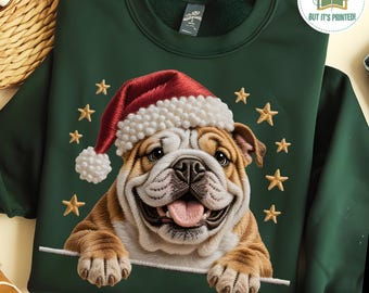 Cute Christmas British Bulldog Sweatshirt, Printed Embroidered Look Bulldog Shirt