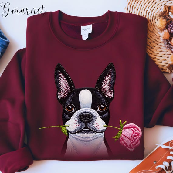 Boston Terrier Sweatshirt, Dog Mom Sweater, Printed Embroidered