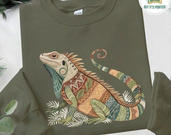 Bluza z nadrukiem iguany: boho z nadrukiem jaszczurki, haftowany sweter dla miłośników gadów
